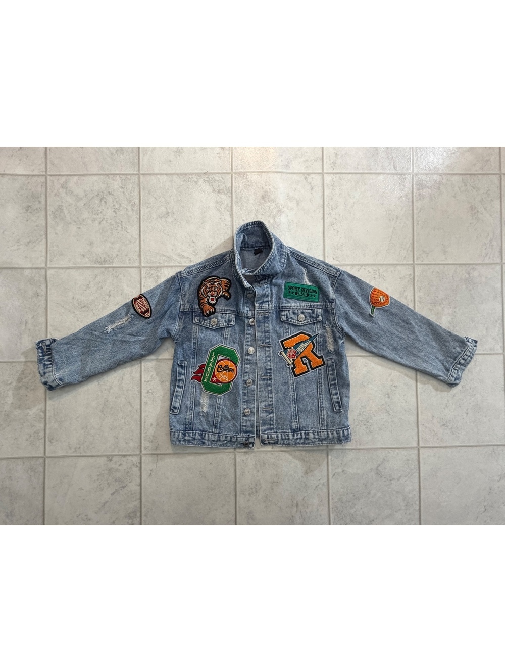 Shein light wash denim jacket with patches